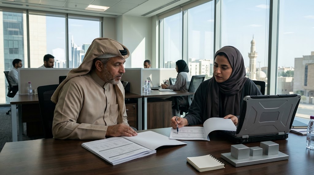 Saudi insurance-office scene with insurance policy documents and laptop on a professional desk